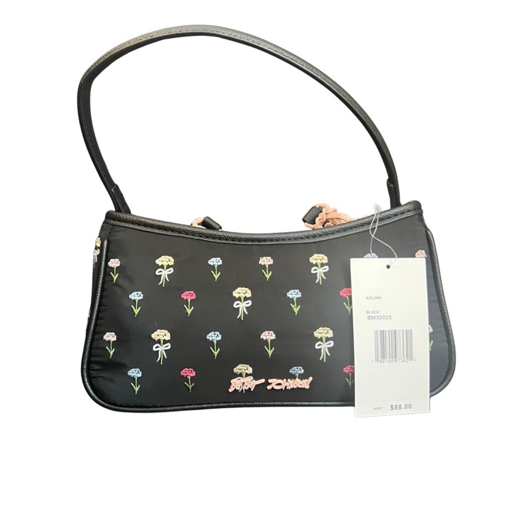 Betsey Johnson NWT Black Floral Embroidered Women's Bag with Butterfly Charm - Picture 3 of 10